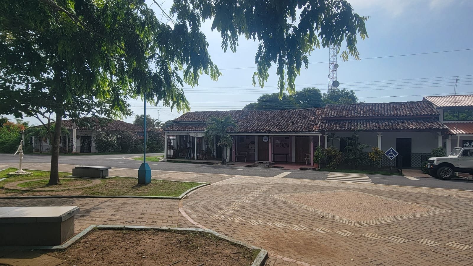 Benches and trees in front of the houses